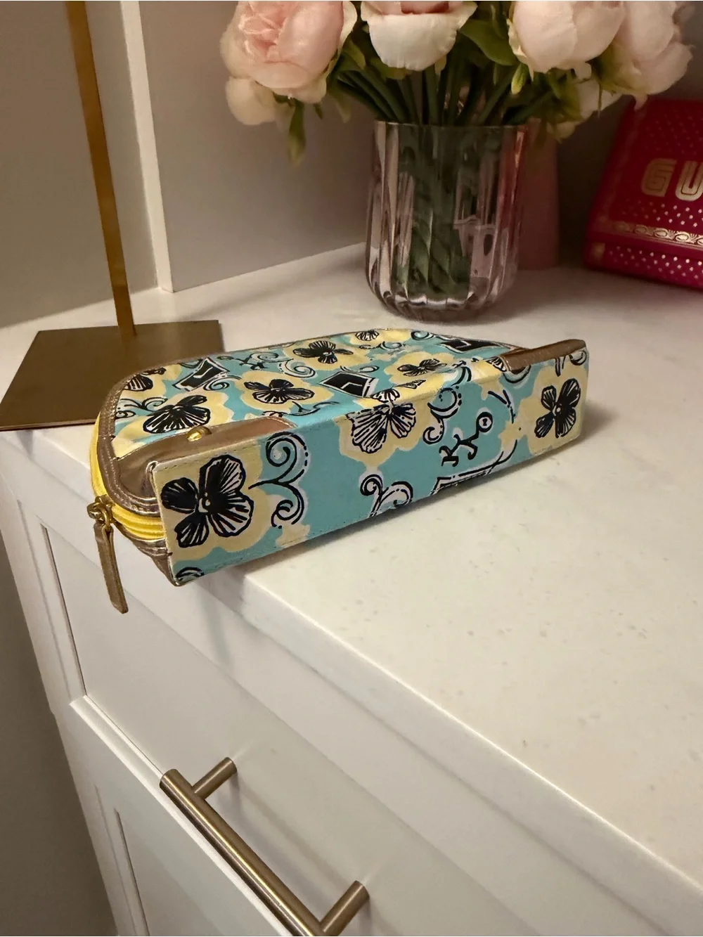 Lilly Pulitzer Turquoise Floral Cosmetic Pouch with Gold Accents